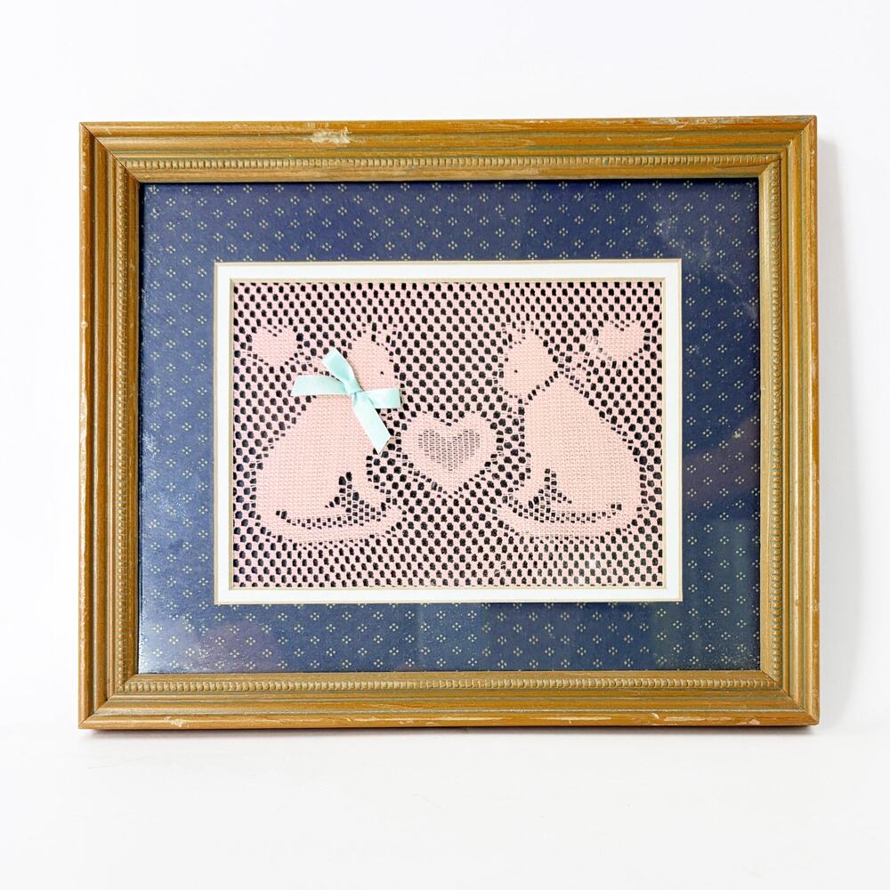 Vintage Figi Graphics Pink Lace Cat Framed Textile Art 11x9
